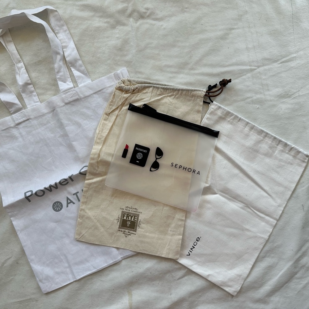 Assorted Dustbags/tote from Frye, Vince, Athleta & Sephora